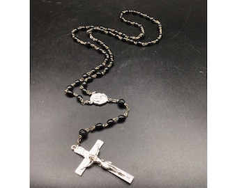 Vintage Black Rosary Ornate Cross Plastic Bead Prayer Necklace Religious Jewelry