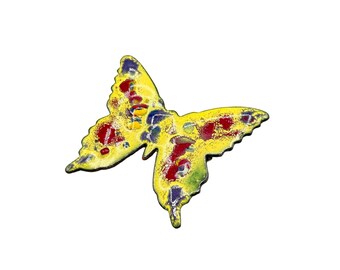 Vintage 70s Butterfly Brooch Enamel Over Copper Handcrafted Yellow Red Purple