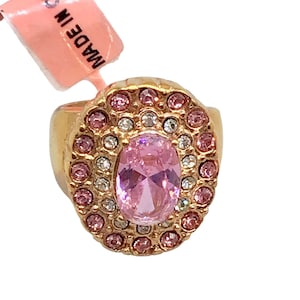Pink Rhinestones Ring Size 8 Gold Plated with Pink Glass Stones Fancy Ring