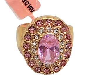 Pink Rhinestones Ring Size 8 Gold Plated with Pink Glass Stones Fancy Ring