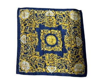 Vintage Made In Italy Silk Scarf Square Gold Blue Baroque-style Vanitas Pattern Hand Rolled