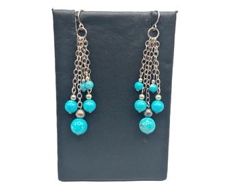 Turquoise & Sterling Silver Beaded Dangle Earrings Long Boho Dangling Earrings