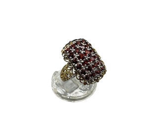 Rectangular Ring with Garnets Size 8 Sterling Silver Yellow Gold Wash Accents