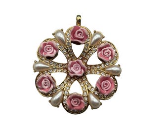 Vintage Romantic Pin Brooch & Pendant Pink Roses Flowers and Pearl Drops