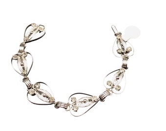 Vtg Filigree Bracelet Sterling Silver Heart Shaped Scrolls Link and Rhinestones
