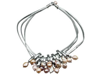 Handcrafted Statement Necklace Genuine Pearls Silver Faux Leather Cord Bib Cluster