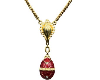Vintage H.I. Egg Necklace Red Enameled Egg Pendant Imperial Fabergé Eggs Inspired
