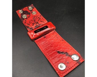 Fused Art Glass Red Bracelet Handcrafted Wide Strap Snake Skin Pattern Wrap Cuff