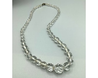 Vintage Clear Beads Necklace Glass Graduated Beaded Strand Retro Costume Jewelry