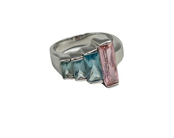 Vintage Sterling Silver Multi-Stone Ring with Pink & Blue Crystal Stones Size 6