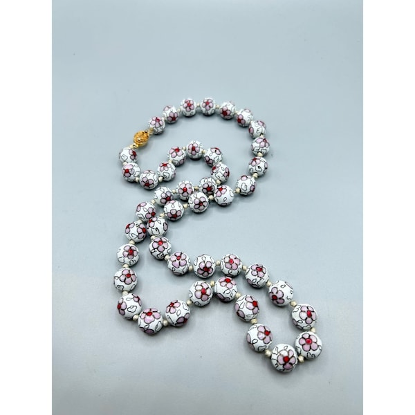 Enamel Cloisonné Beads Necklace White Pink Flowers Hand Knotted Oriental Jewelry