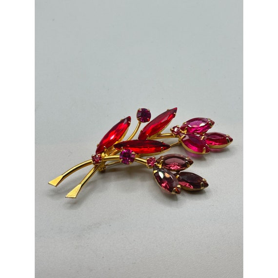 Vintage Navette Red Rhinestones Pin Brooch Gold T… - image 6