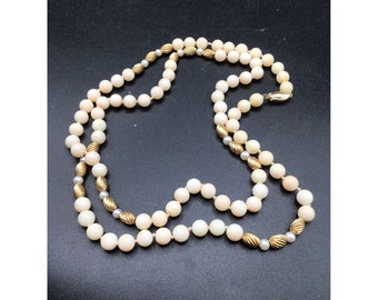14K Gold Angel Skin Coral Necklace with Pearls Long Single Strand Hand Knotted