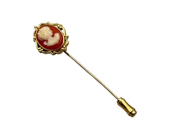 Vintage Signed TRIFARI Costume Cameo Stick Pin Lapel Pin Gold Tone & Faux Cameo