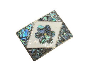 Vintage ALPACA Mexico Pin Brooch Pendant Abalone Shell Inlay Flower Design Rectangular