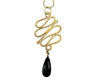 Gold Tone Free Form Pendant Necklace with Black Glass Drop Teardrop Shape