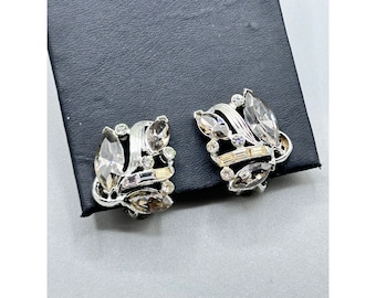 Signed KRAMER Clip On Earrings Smoky Rhinestones Vintage Costume Jewelry Signed