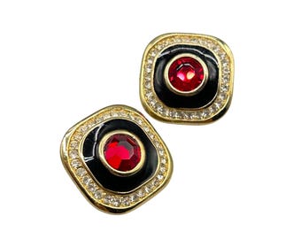 1980s Earrings Clip On Black Enamel Red Glass Rhinestones Vintage Darla Jewelry