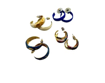 Vintage Enamel Hoops Earrings Half Open Hoops 70s Costume Jewelry Set of 4 Pairs