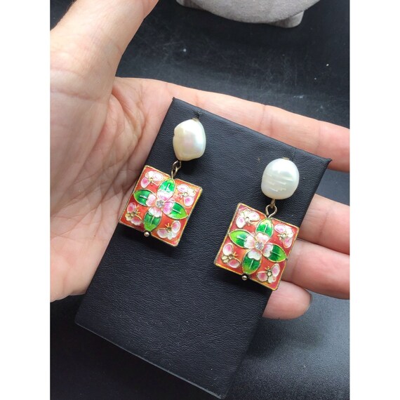 Pearls Dangle Earrings Cloisonne Enameled Square … - image 3