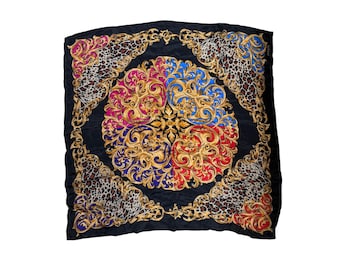 Vintage Oscar De La Renta Studio Silk Scarf Square Animal Print Gold Swirls Red Blue