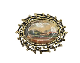 Cameo Style Scenery Pin Brooch Equestrian Landscape Ornate Gold Tone Frame
