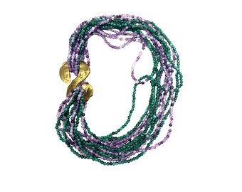 Vintage Brutalist Handcrafted Clasp Long Plastic Beads Necklaces Purple Green