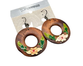 Vintage Statement Earrings Wood Rings w Cloisonne Flowers Sterling Silver Hooks