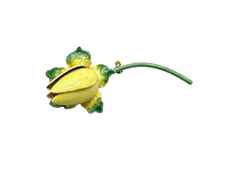 Vintage Sandor 1970s Enamel Flower Brooch Pin Yellow Tulip Rose Bud