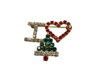 Vintage I Love Christmas Pin Brooch Red Green Clear Rhinestones Holiday Jewelry