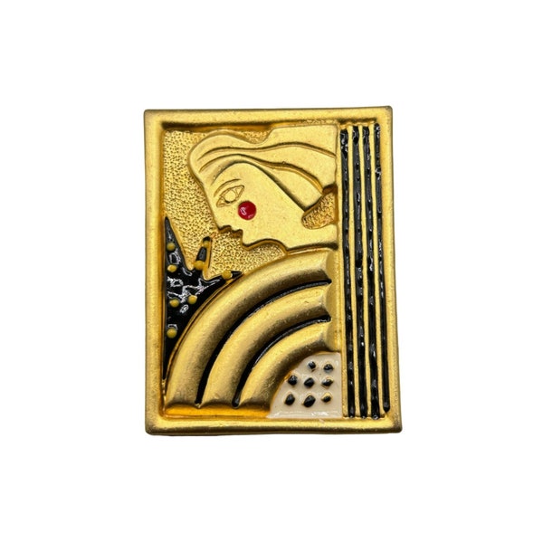 AJC Cubism Artwork Brooch Matte Gold Tone Abstract Lady Face Profile 80s Jewelry