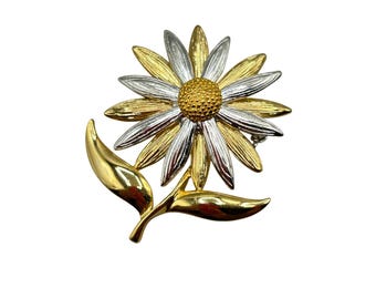 Two Tones Silver And Gold Daisy Pin Brooch Metal Flower Pin