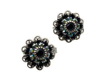 Liz Palacios Crystal Clip On Earrings Black Aurora Borealis Flower Blossom Silver Tone