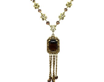 Amazing GOLDETTE Necklace Open Back Bezel Set Topaz Crystals With Chain Fringe Gold Tone Metal