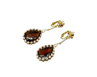 Juliana D&E Caged Pear Dangles Earrings Topaz Glass and Clear Rhinestones Clip On
