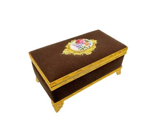 Vintage Gold & Brown Velvet Jewelry Box with Floral Porcelain Accent