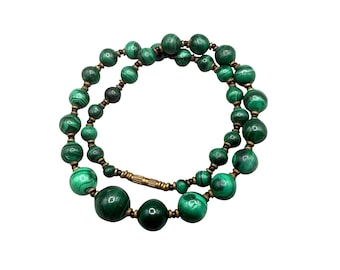 Vintage Malachite Necklace Graduated Single Strand Green Semi Precious Stone