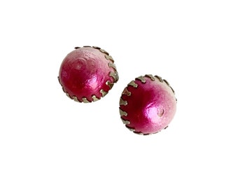 Pink Clip On Earrings Vintage Domed Button Gold Tone Setting Lightweight Clips