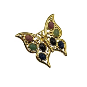Vintage Butterfly Brooch Multicolor Genuine Semi Precious Stone Scarabs Signed W