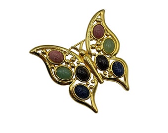 Vintage Butterfly Brooch Multicolor Genuine Semi Precious Stone Scarabs Signed W