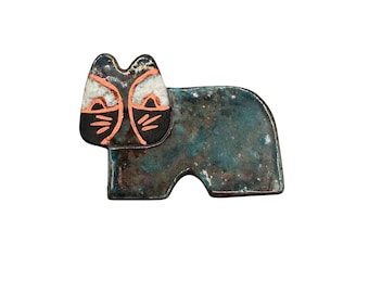 Vintage Raku Pottery Cat Pin Brooch Studio Pottery Animal Figural Handcrafted Pin