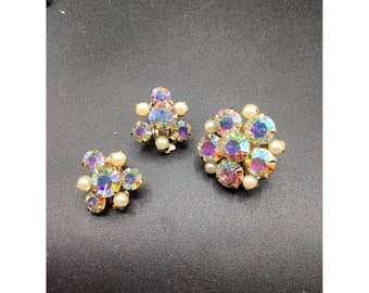 Aurora Borealis Rhinestones Earrings & Pin Brooch Faux Pearls Stones Jewelry Set