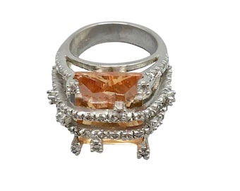 Statement Ring Size 8 Layered Peach Color Glass Stones 18K Gold Electroplated