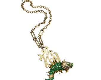 Rare La Royale Signed Koi Fish Necklace Oriental Design Green Gold Tone Necklace