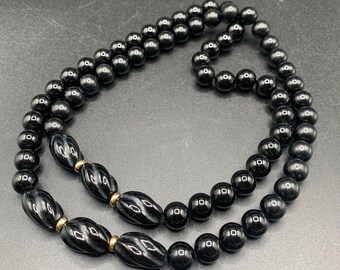 Black Onyx Necklace Beaded Long Strand 14K Gold Spacers Black GEnuine Semi Precious Gemstone