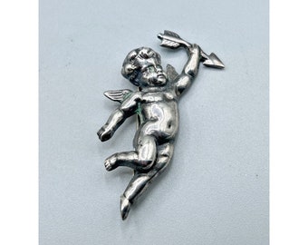 Sterling Silver Angel Pin Brooch Vintage Cupid Arrow Dimensional Romantic Pin
