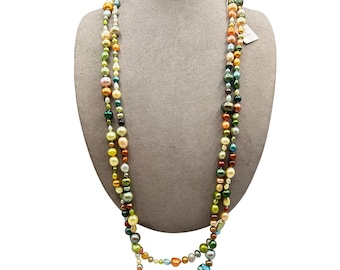 Genuine Freshwater Pearls Necklace Green Brown Earthy Color Dyed Long Irregular Strand