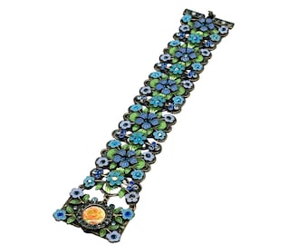Wide Blue Enamel Flowers Bracelet Unsigned MX Michael Morrison Designer Jewelry