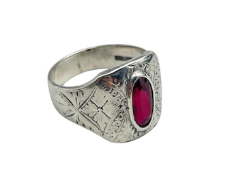 Sterling Silver And red Ruby Ring Size 10.5 Antique Etched Large Ring With Genuine Ruby