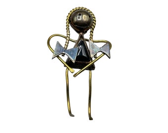 Girl with Braids Pin Brooch Sterling Silver Mixed Metal Taxco Mexico Handcrafted